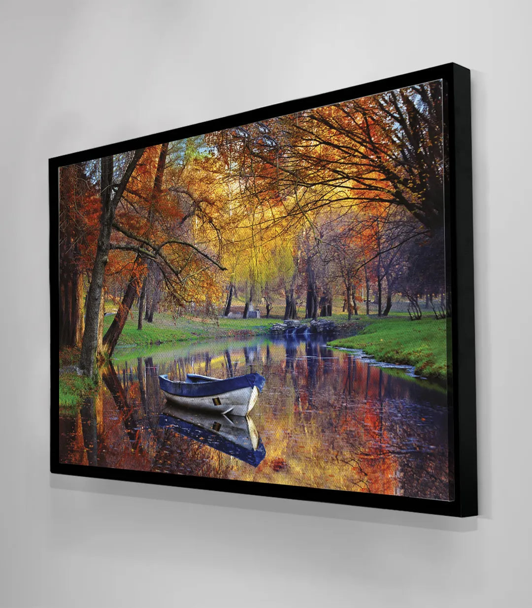 Paysage automne arbre doré barque bleue Massinart