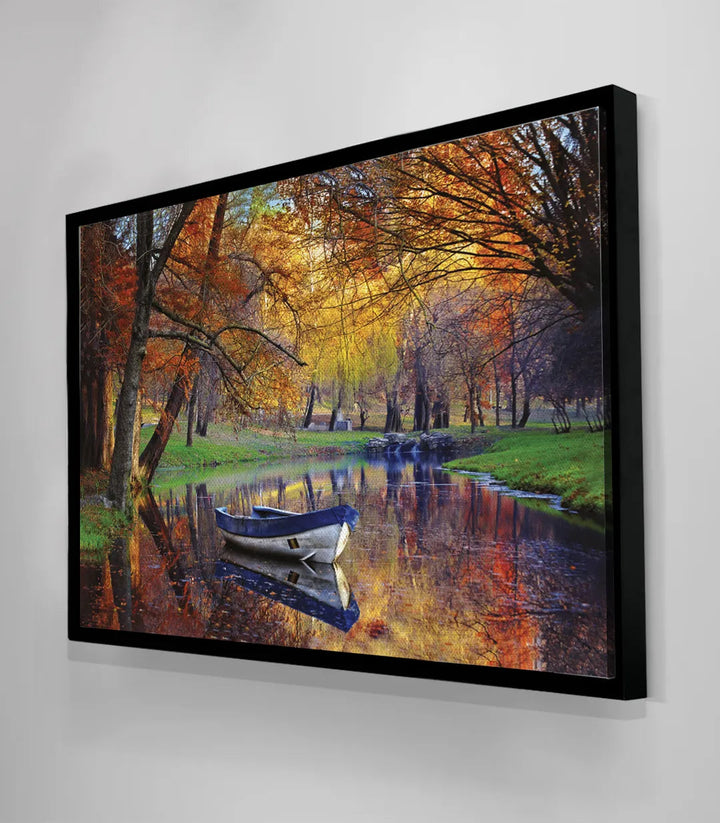 Paysage automne arbre doré barque bleue Massinart