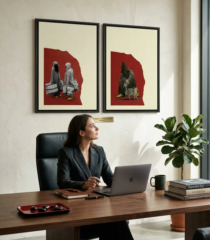 Red Beldi détail tableau — silhouettes femmes traditionnelles sur fond rouge, Massinart