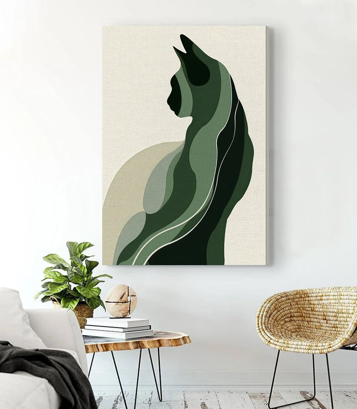 Tableau chat abstrait Massinart — détail profil félin vert sauge