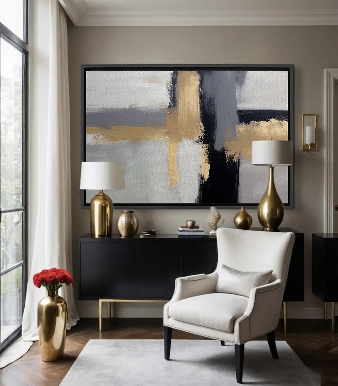Tableau abstrait Auric gris doré noir Massinart — composition géométrique horizontale