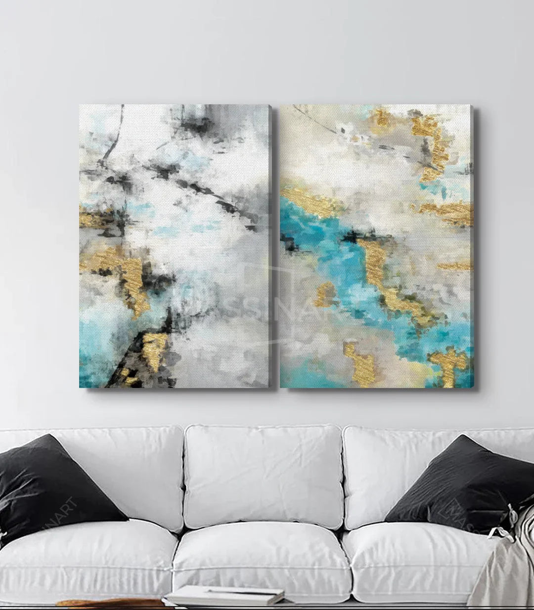 Tableau abstrait détail texturé gris et turquoise avec finitions dorées - Massinart