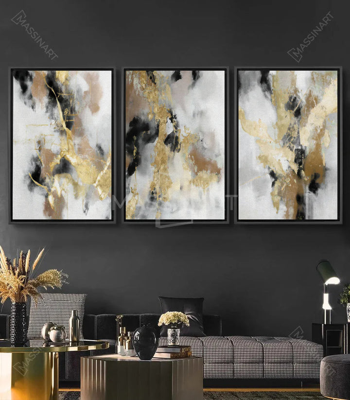 Tableau abstrait Ethereal gauche, encres noires et dorées sur fond blanc crème — Massinart