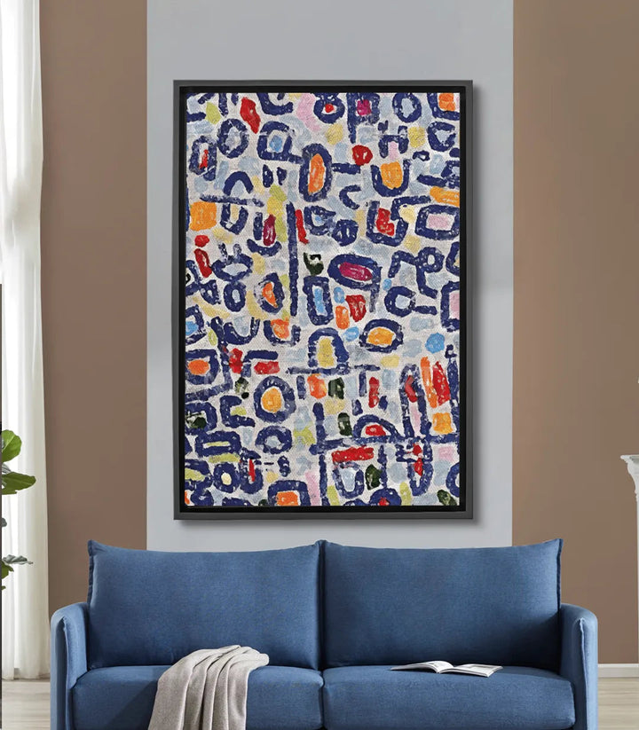 Tableau abstrait expressionniste formes géométriques multicolores bleu rouge orange Massinart