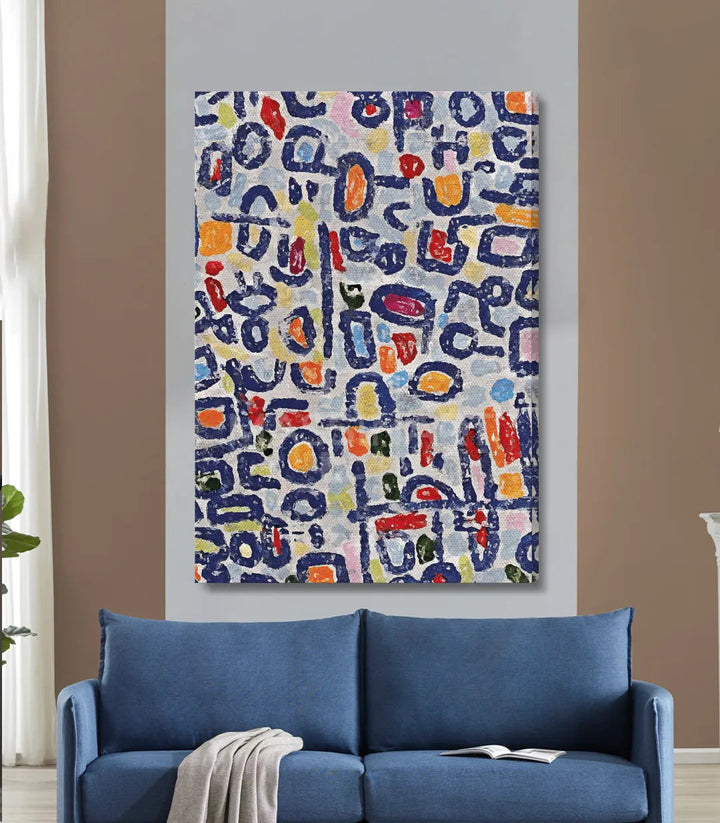 Tableau abstrait expressionniste palette bleu marine rouge orange jaune Massinart