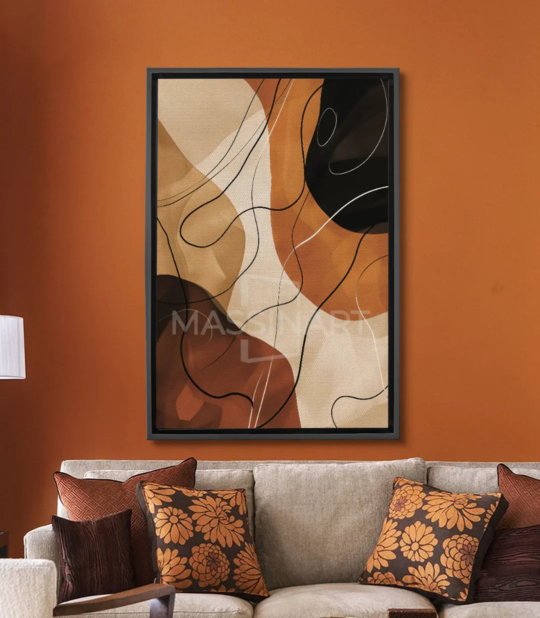 Tableau abstrait formes géométriques Massinart — lignes noires, tons terracotta beige marron
