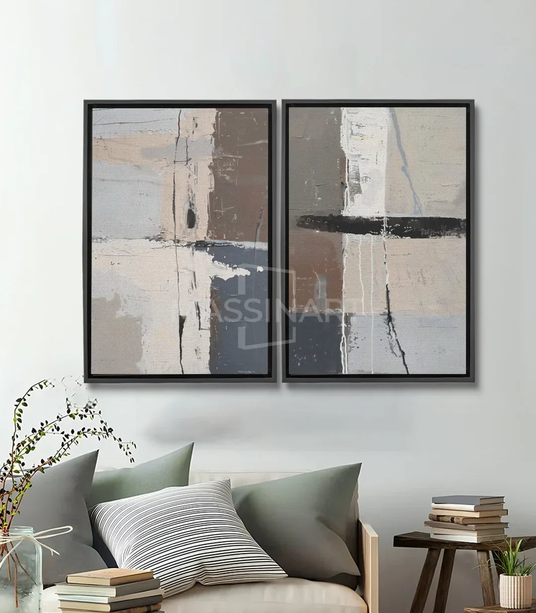 Tableau abstrait géométrique diptyque beige taupe avec traits noirs, Massinart