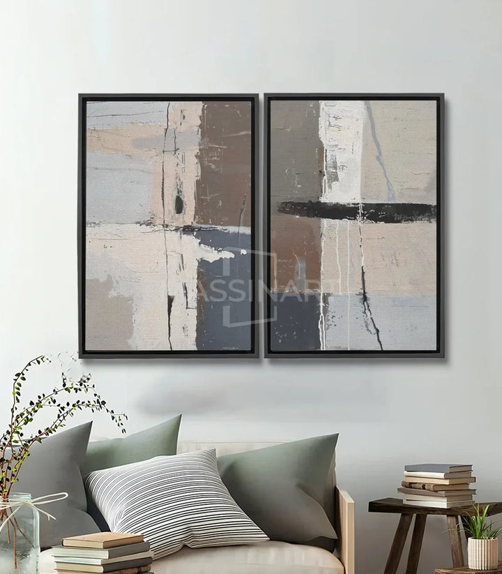 Tableau abstrait géométrique diptyque beige taupe avec traits noirs, Massinart