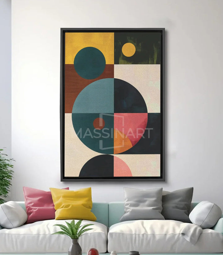 Tableau abstrait géométrique Massinart — cercles et carrés bleu jaune beige noir