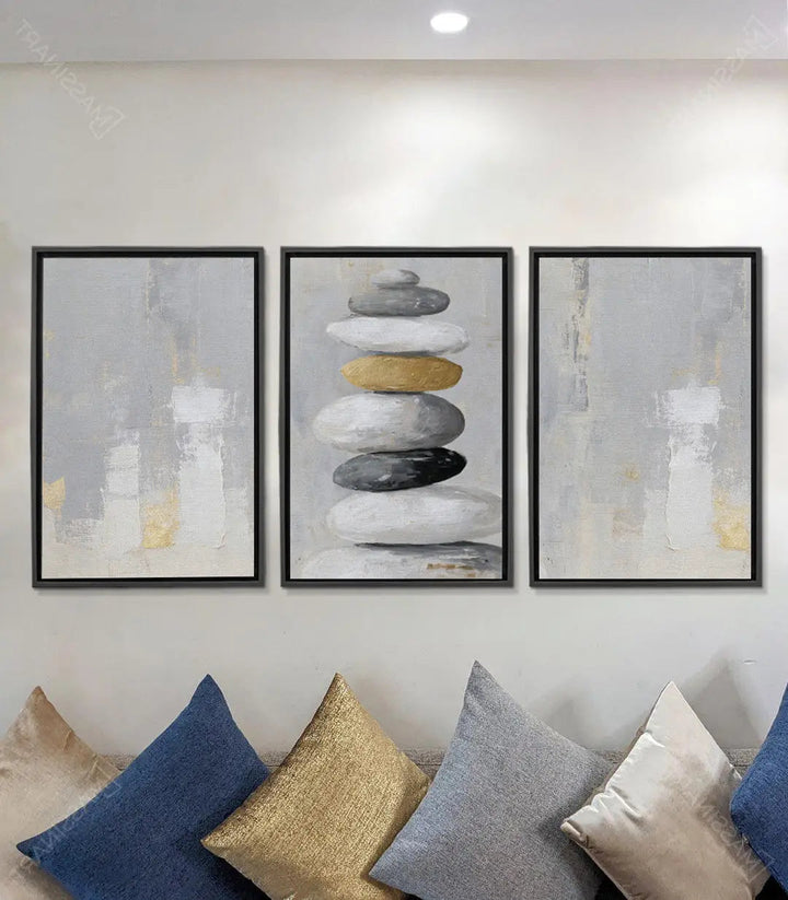 Tableau abstrait gris et doré panneau gauche Massinart