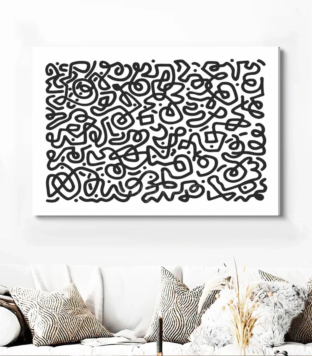 Tableau abstrait minimaliste horizontal en situation salon moderne Massinart