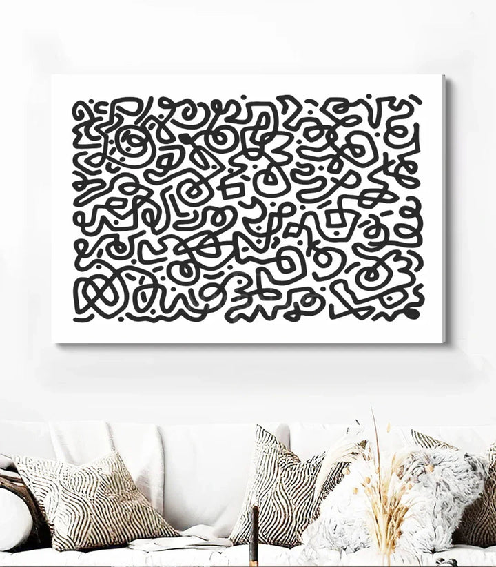 Tableau abstrait minimaliste horizontal en situation salon moderne Massinart