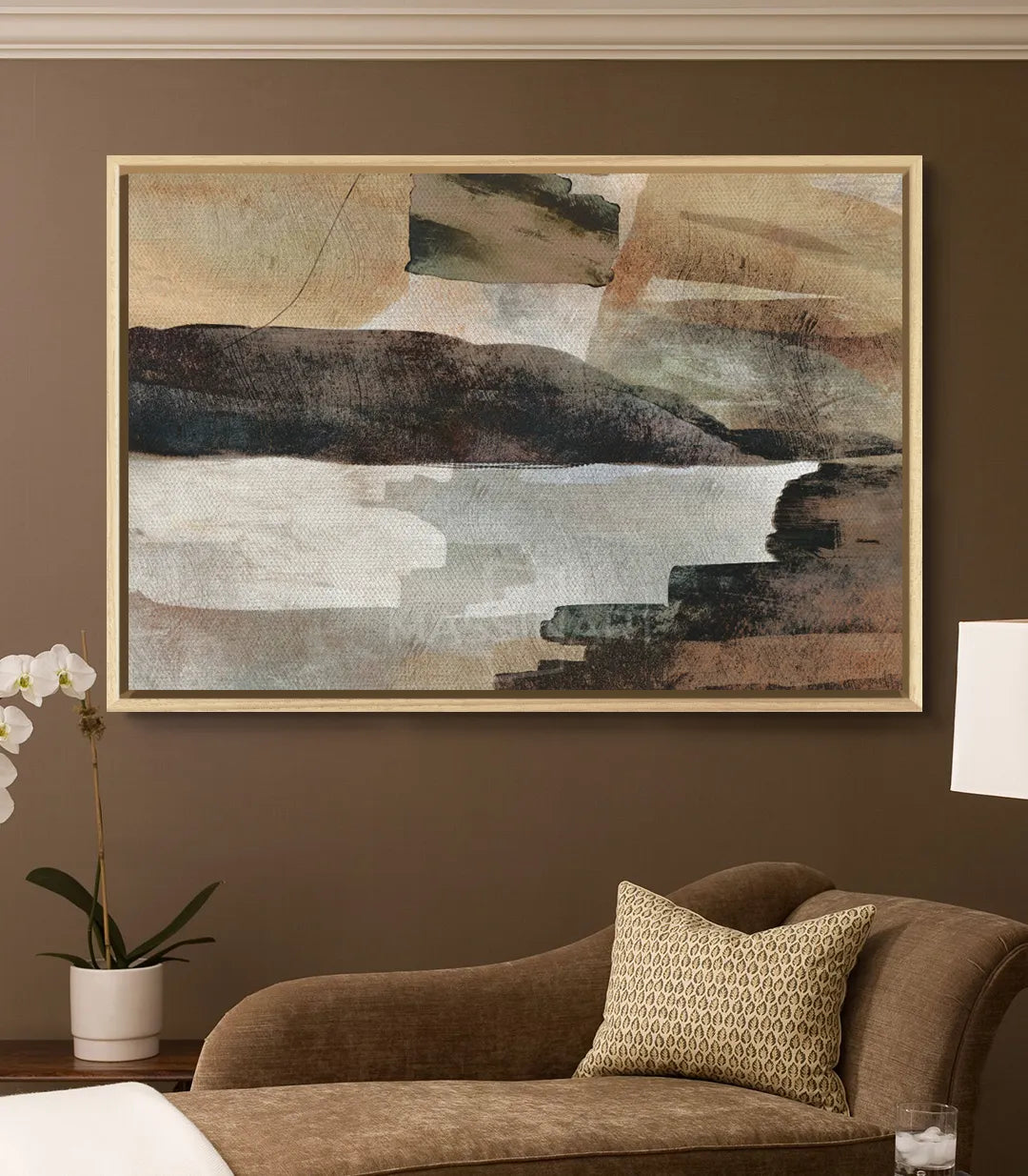 Tableau abstrait paysage horizontal noir beige blanc, cadre gris foncé, ambiance épurée Massinart