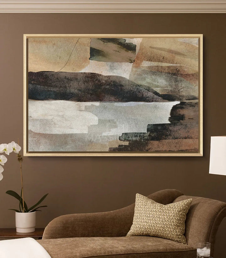 Tableau abstrait paysage horizontal noir beige blanc, cadre gris foncé, ambiance épurée Massinart