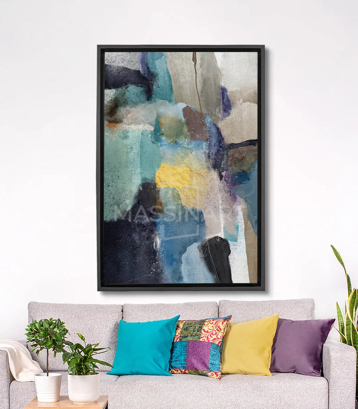 Tableau abstrait taches aquarelle turquoise bleu jaune Massinart
