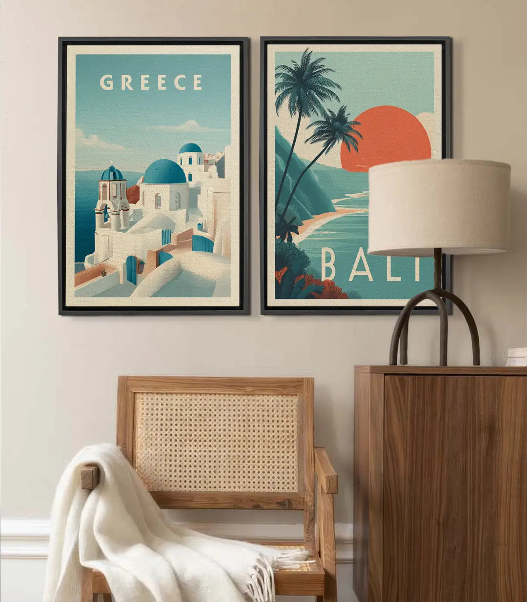 Tableau affiche Grèce vintage — église blanche dômes bleus, style art-déco rétro Massinart