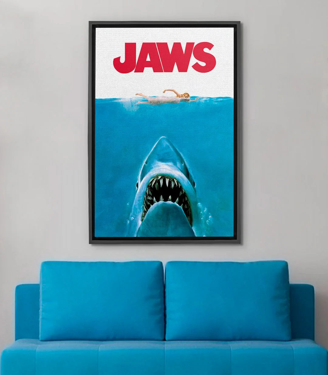 Tableau affiche Jaws Massinart — requin blanc bleu et rouge