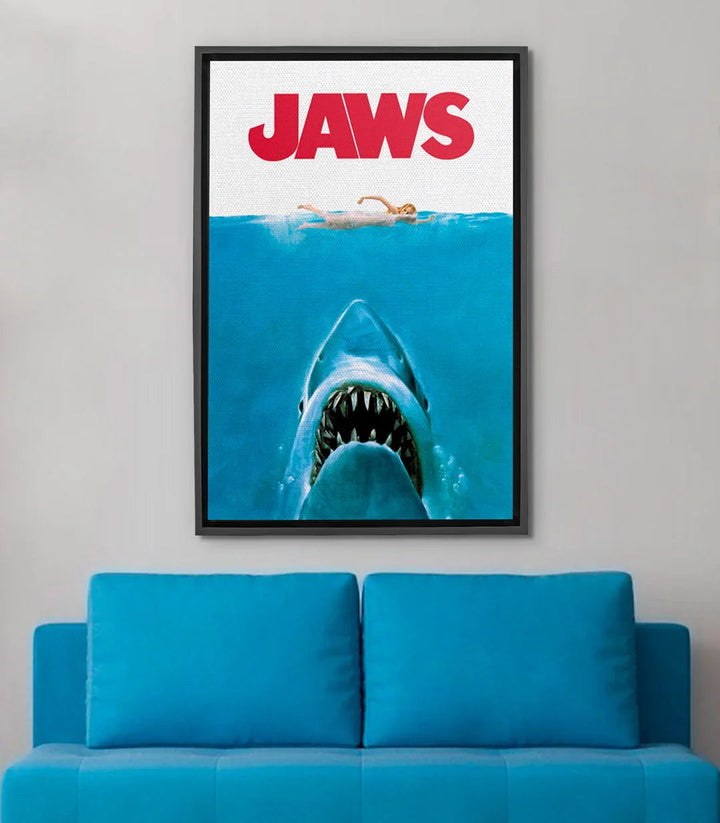 Tableau affiche Jaws Massinart — requin blanc bleu et rouge