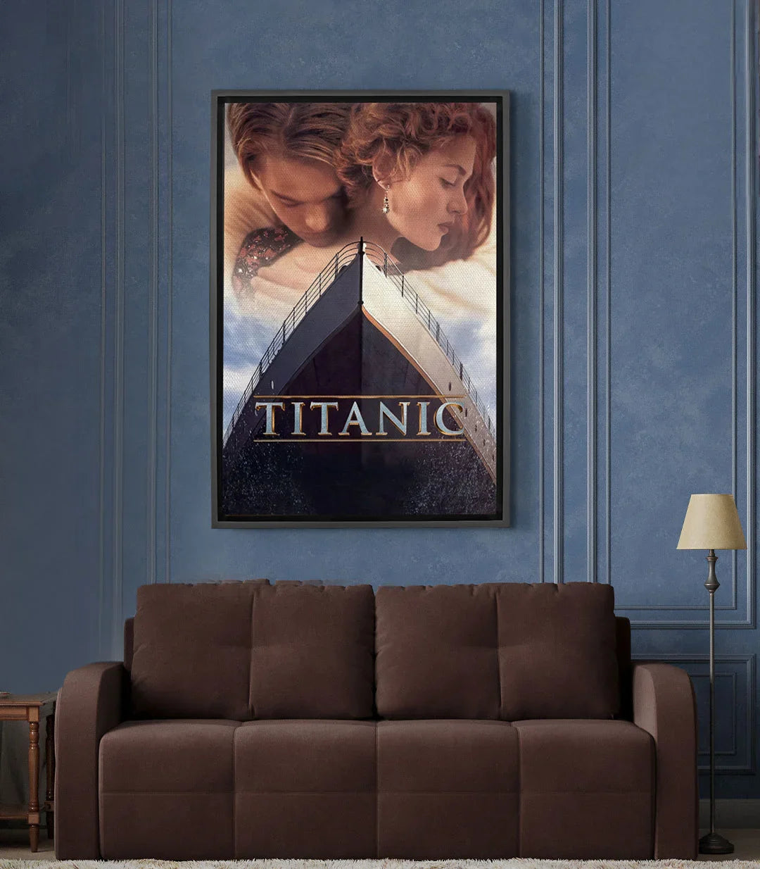 Tableau affiche Titanic avec couple et navire, tons or et bleu — Massinart