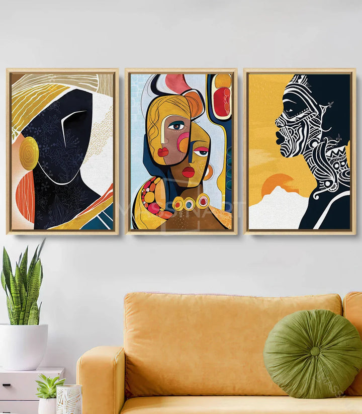 Tableau African Soul droite - visage abstrait noir et blanc sur fond jaune avec motifs ethniques Massinart
