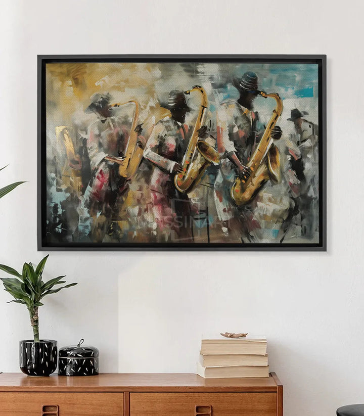 Tableau All about Jazz Massinart — trois musiciens saxophonistes expressionnistes aux tons doré, gris et bleu
