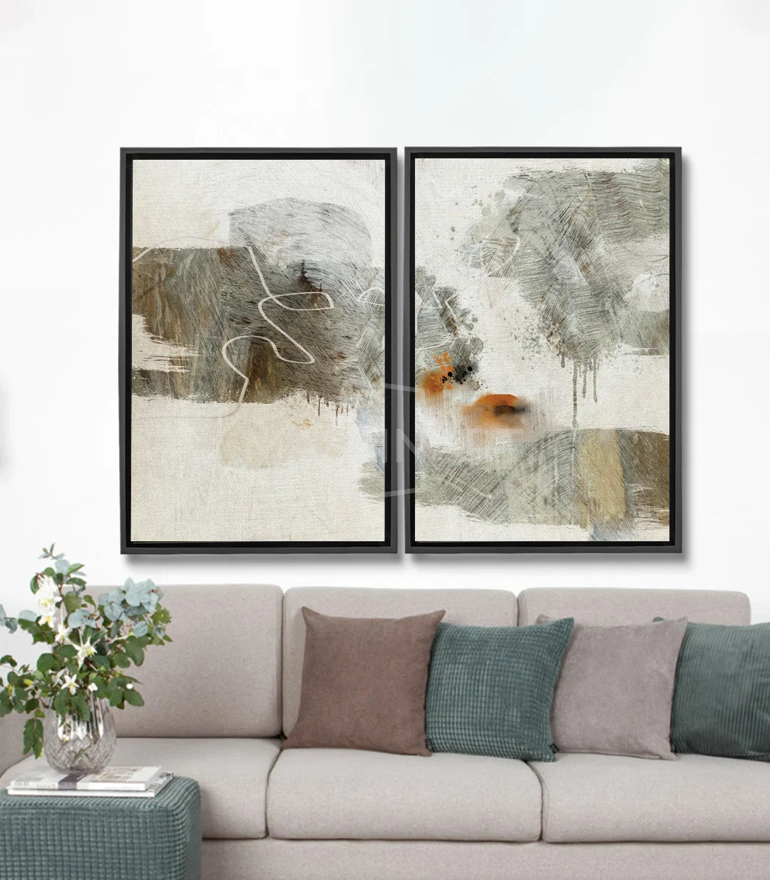 Tableau All or Nothing diptyque abstrait, tons beige taupe gris Massinart