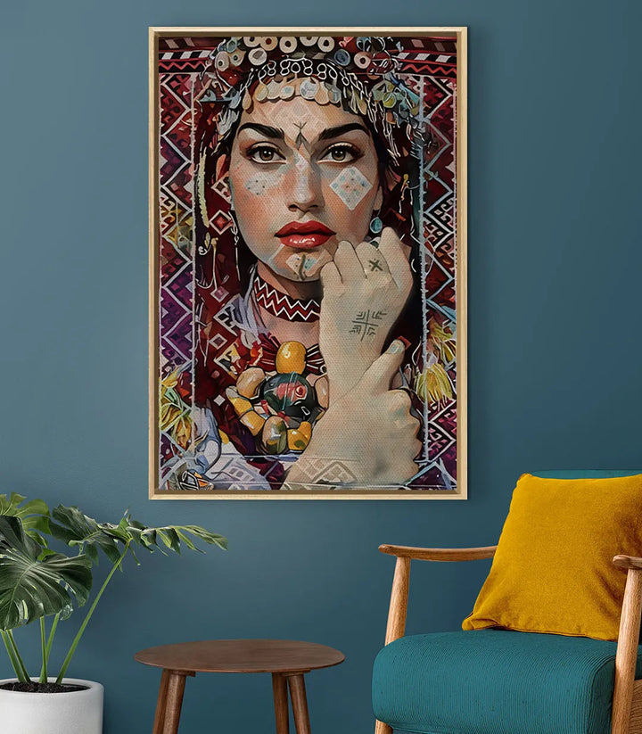 Tableau Amazigh Gaze décoration intérieur salon moderne avec chaise jaune Massinart