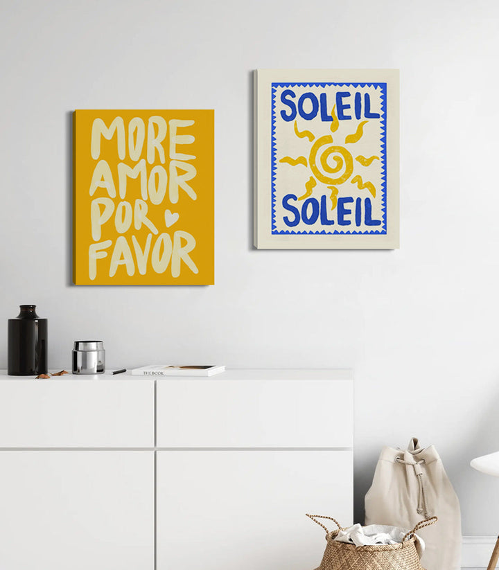 Tableau Amor Soleil diptyque — texte motivant jaune et soleil bleu géométrique Massinart