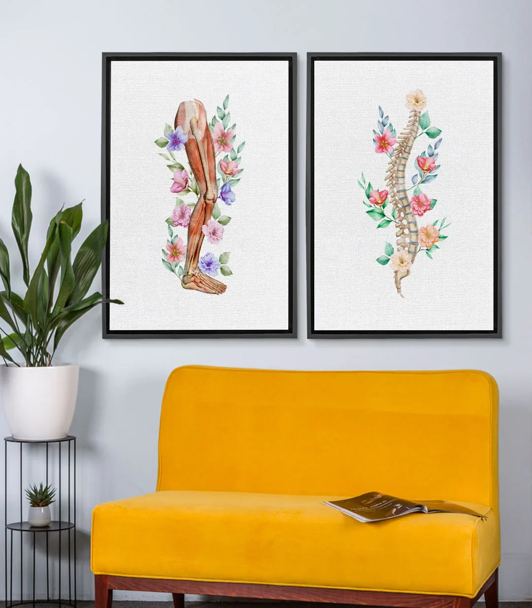 Tableau Anatomie Florale gauche — bras anatomique orné de fleurs roses et violettes Massinart