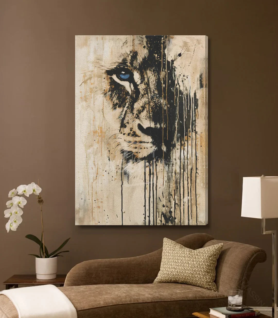 Tableau animal lion expressionniste Massinart style urbain dans salon moderne