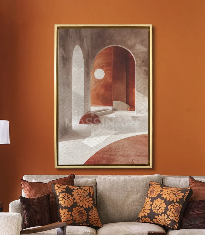 Tableau Arch Massinart — mise en situation salon moderne mur terracotta