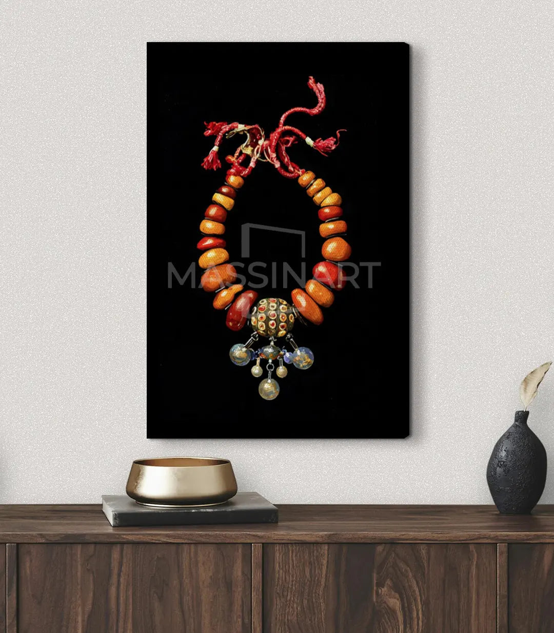 Tableau art ethnique maroc, collier perles corail ambre détails dorés Massinart