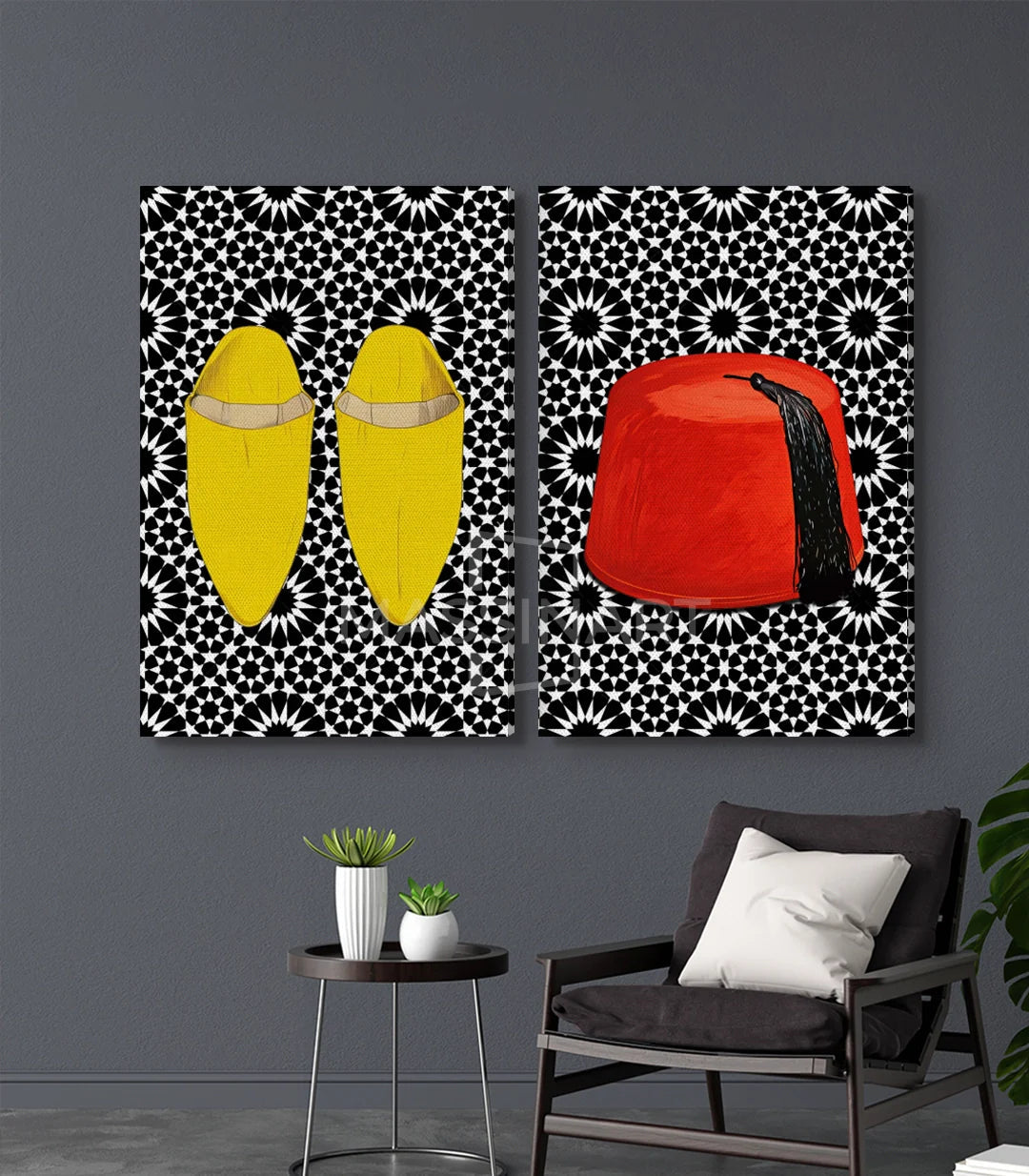 Tableau art marocain — détail babouches jaunes motifs géométriques zellige Massinart