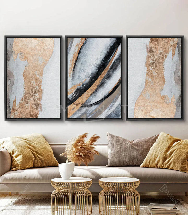 Tableau Aurous abstrait triptyque panneau gauche doré et gris Massinart