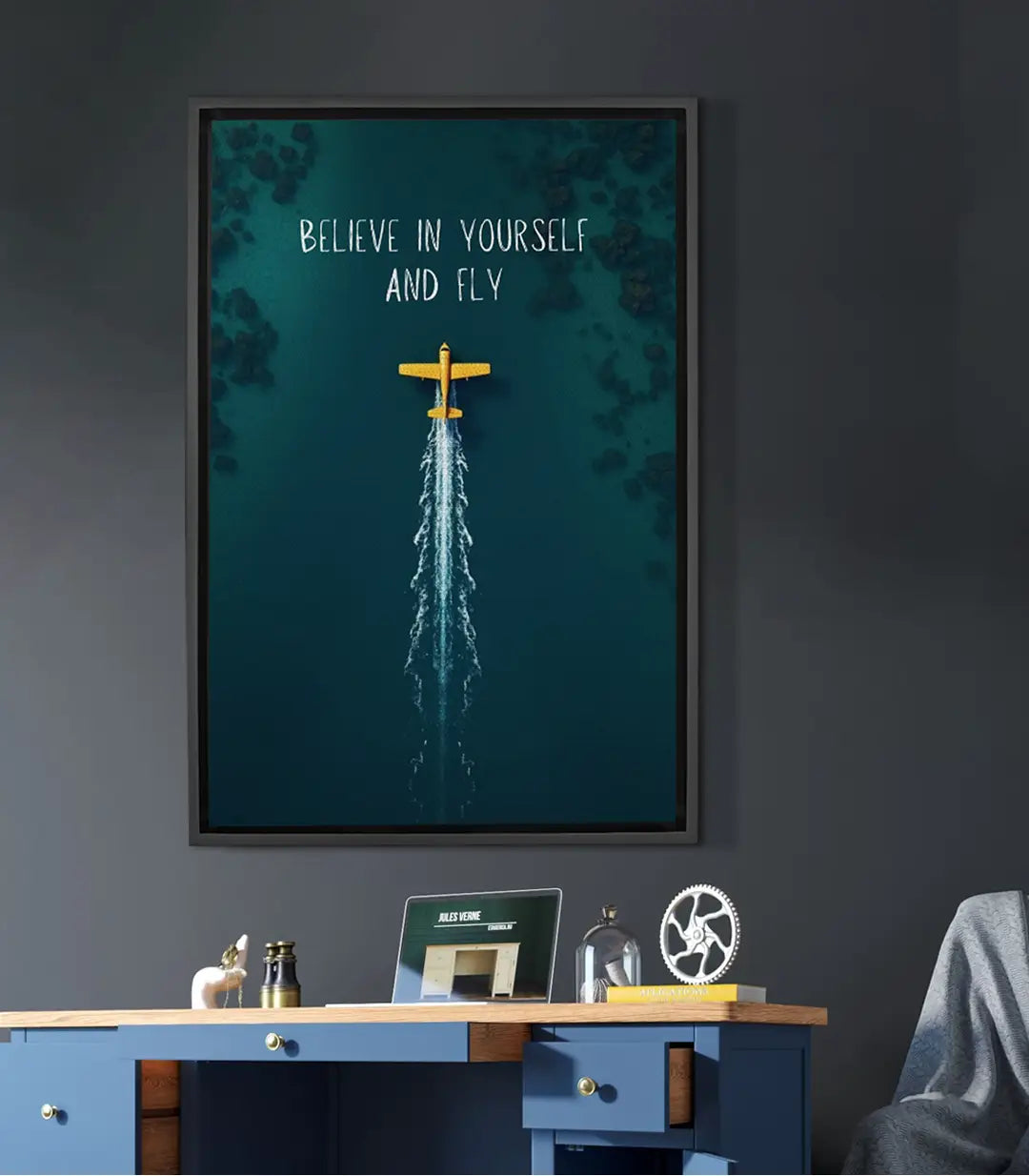 Tableau avion doré Fly avec citation motivante sur fond turquoise — Massinart