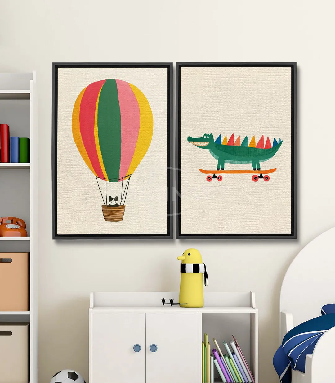 Tableau ballon air chaud chat Massinart — illustration jeunesse couleurs vives