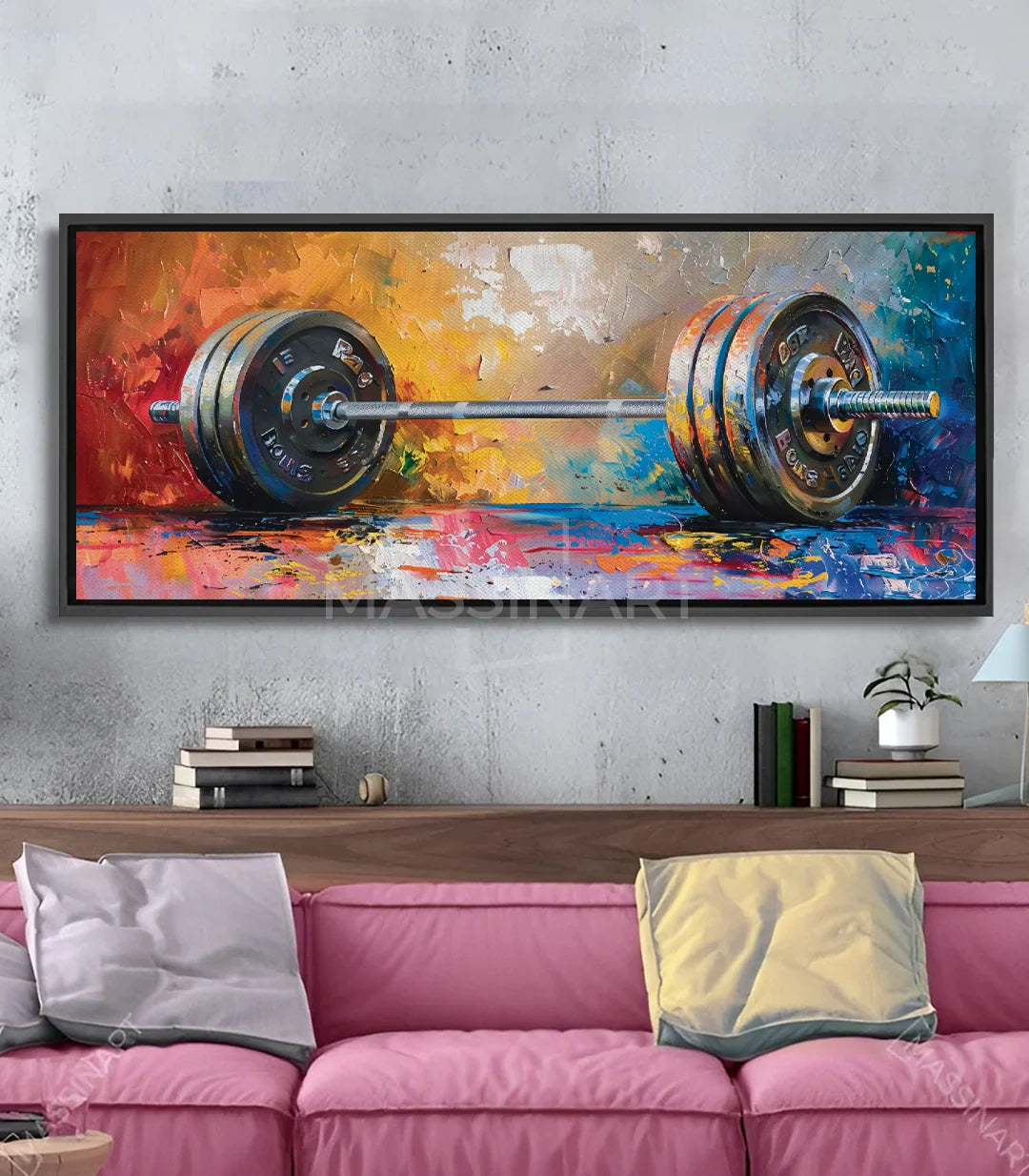 Tableau Barbel haltère coloré expressionniste fond multicolore Massinart