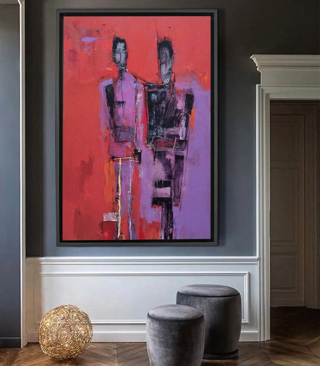 Tableau Between Us expressionniste, deux figures abstraites fond rouge-violet Massinart