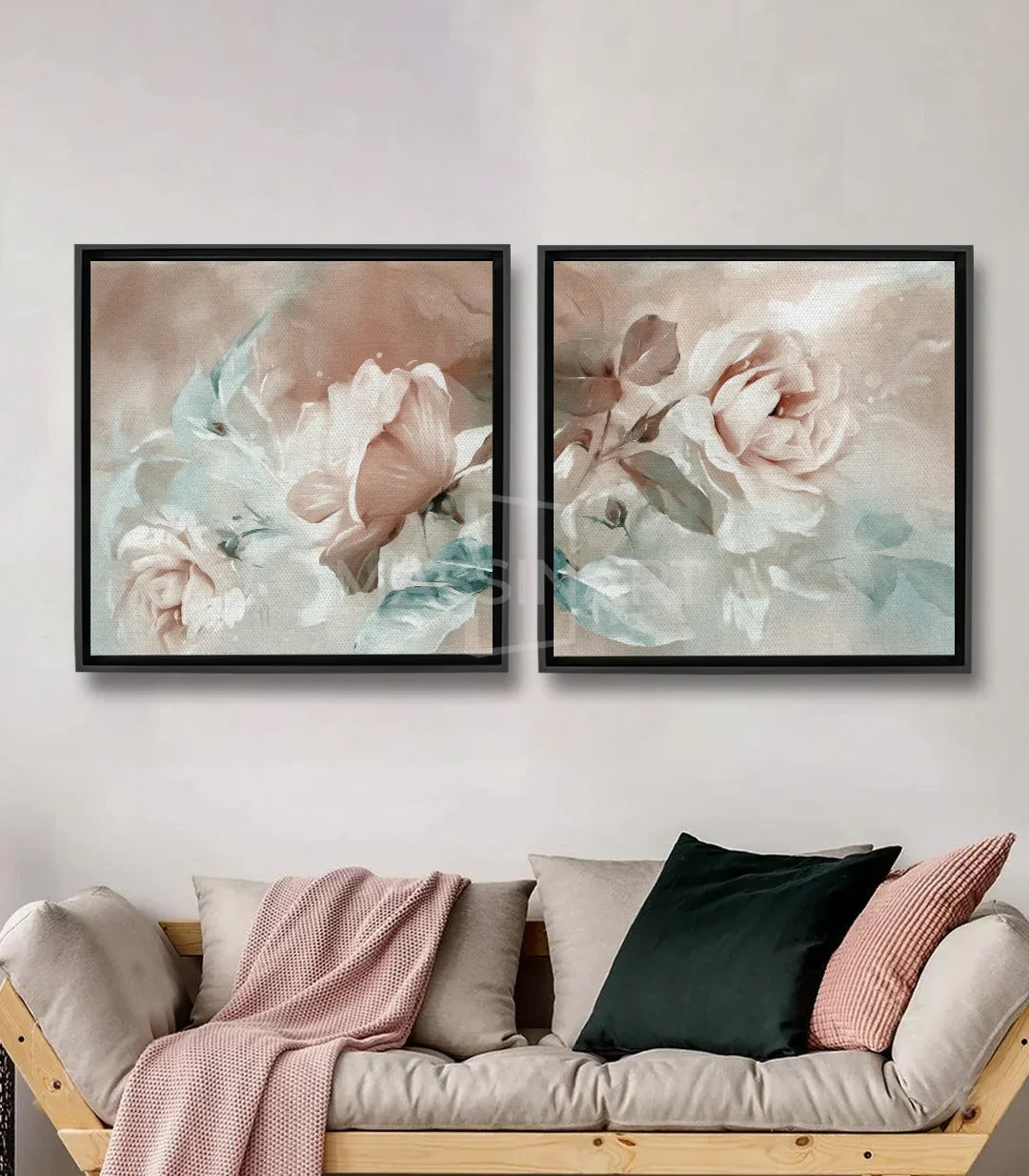 Tableau Bloom diptyque — roses aquarelle rose poudré et blanc, feuilles bleu-vert, style minimaliste Massinart