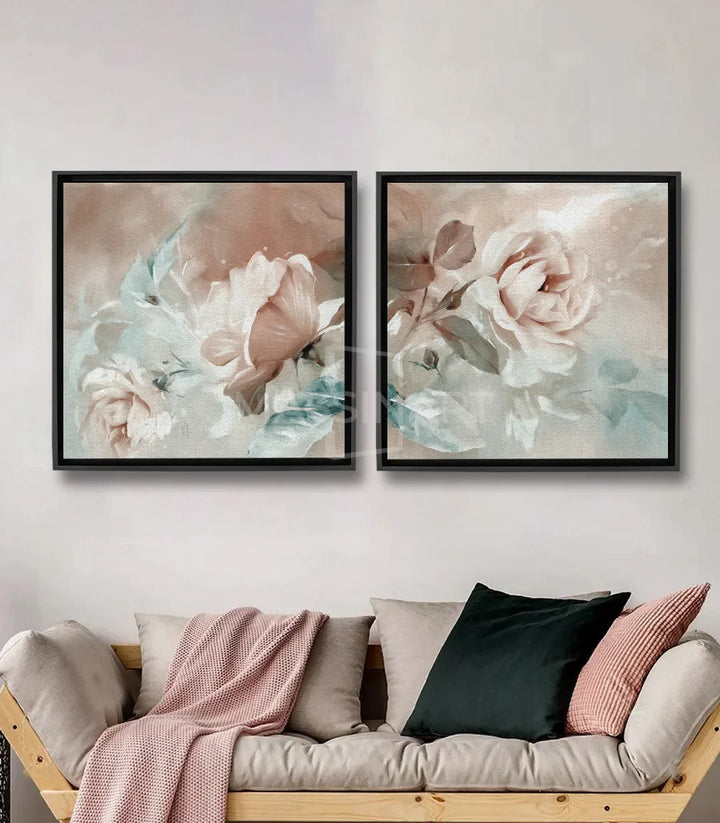 Tableau Bloom diptyque — roses aquarelle rose poudré et blanc, feuilles bleu-vert, style minimaliste Massinart