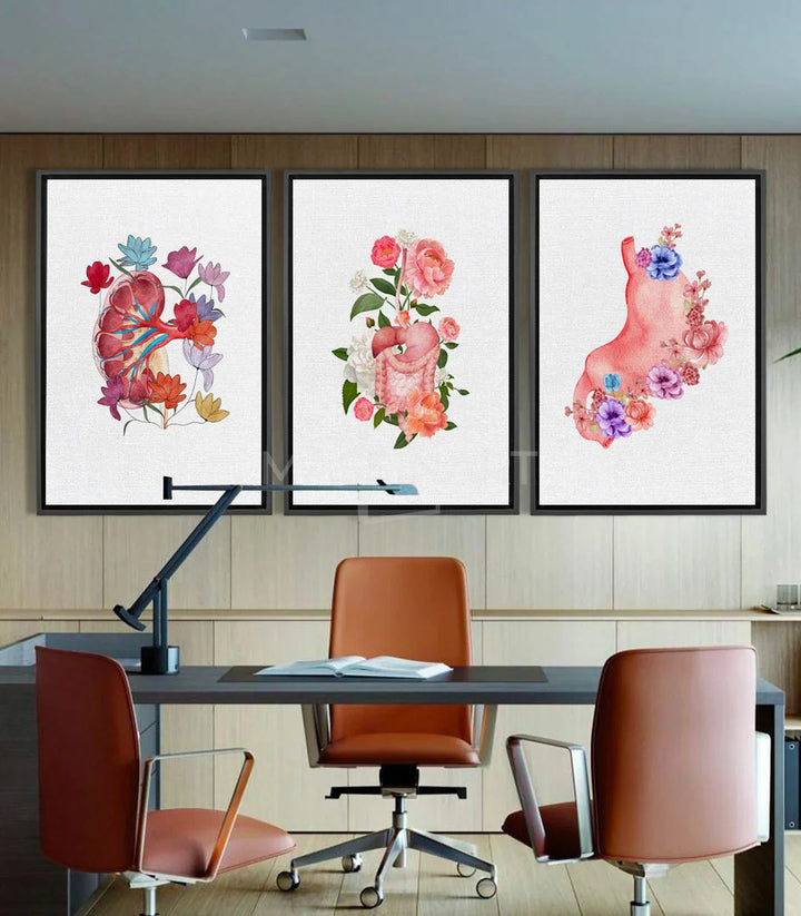 Tableau Blooming Organs triptyque — cœur et poumon fleuris en aquarelle rose et bleu Massinart