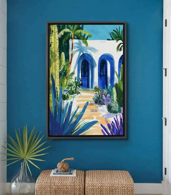 Tableau Blue Haven - Façade marocaine blanche avec portes bleues et cactus verts, Massinart