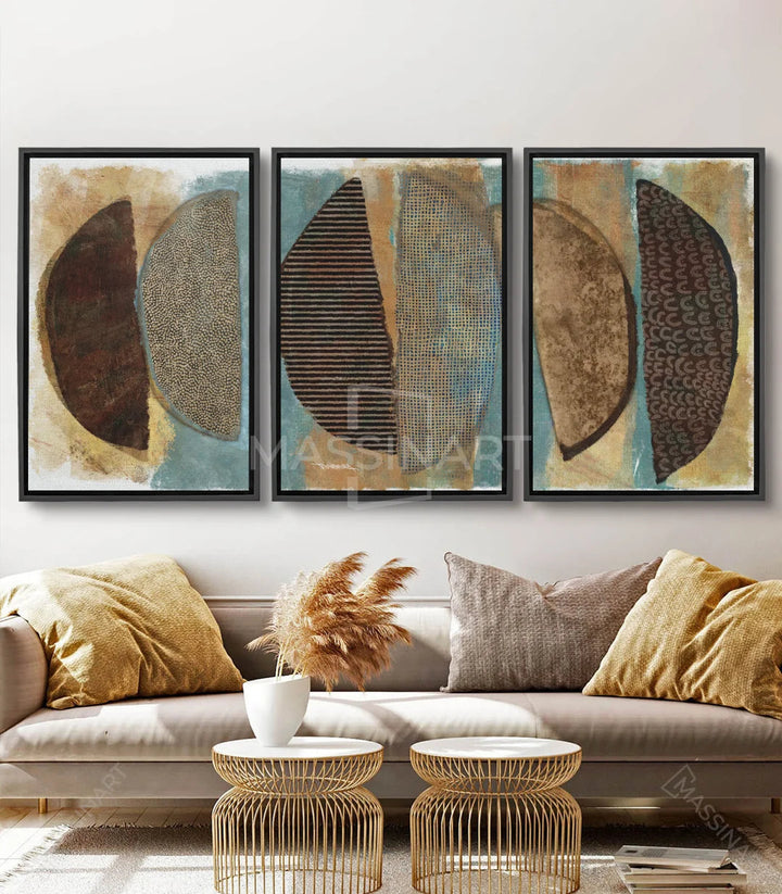Tableau Boho abstrait triptyque — formes géométriques marron et turquoise Massinart