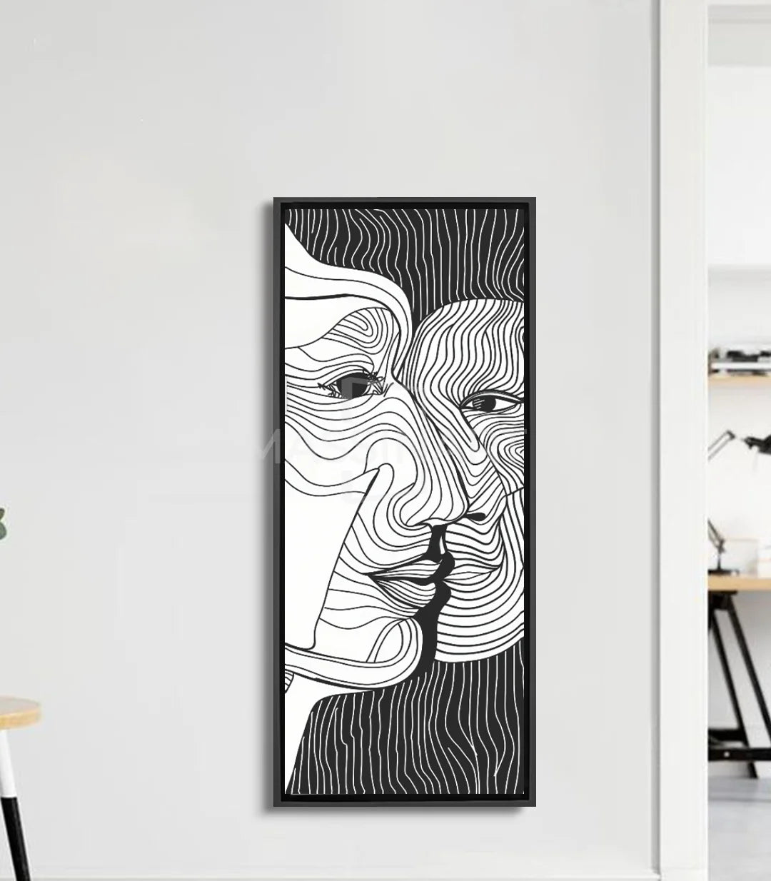 Tableau bond portrait abstrait noir et blanc Massinart — lignes ondulantes géométriques