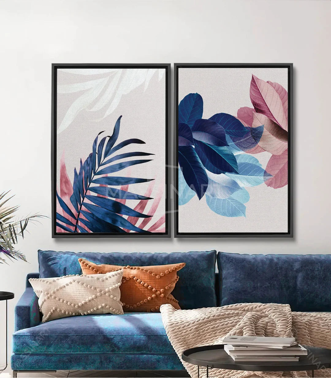 Tableau Botanical Leaves diptyque — feuilles bleu et rose Massinart