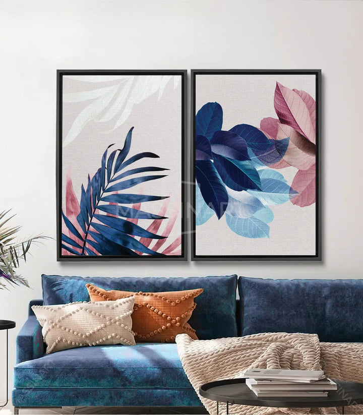Tableau Botanical Leaves diptyque — feuilles bleu et rose Massinart