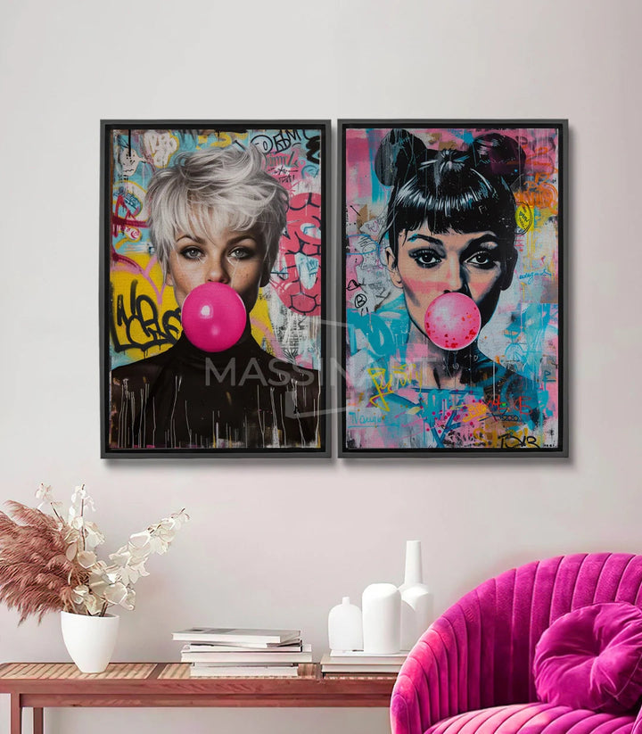 Tableau Bubble Icons diptyque — femme cheveux gris et bulle rose sur fond street-art coloré Massinart