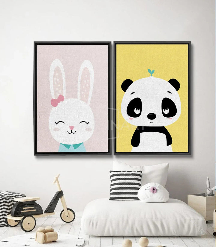 Tableau Bunny and Panda diptyque Massinart — lapin rose et panda jaune pour chambre enfant