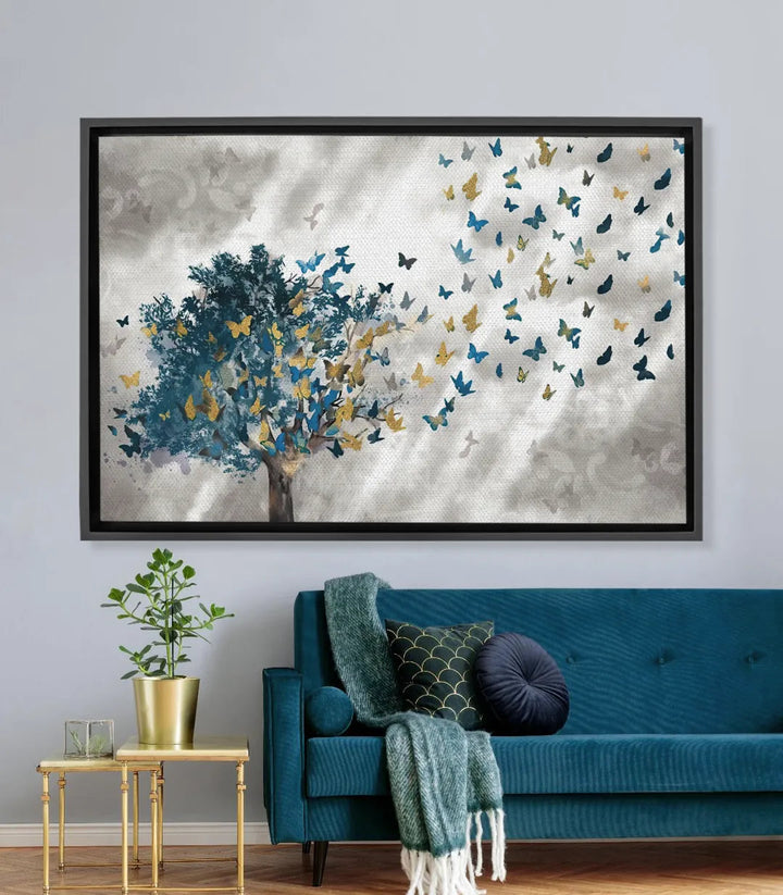 Tableau Butterfly Effect Massinart — arbre bleu et doré avec papillons s'envolant