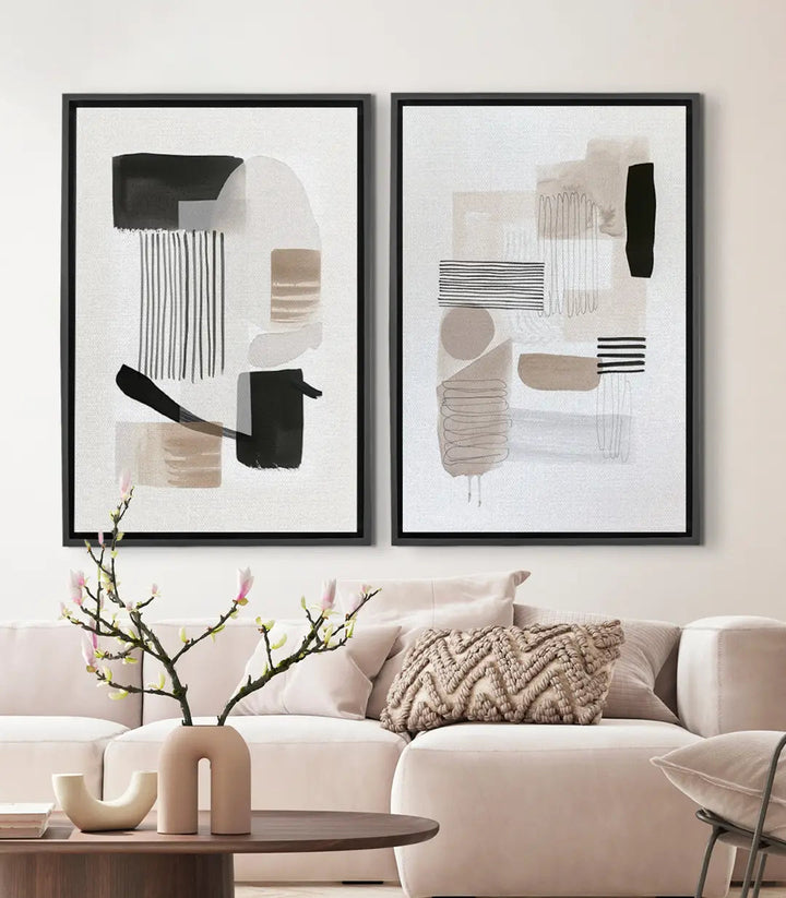 Tableau Calm Edges diptyque abstrait minimaliste, formes géométriques noir beige blanc Massinart